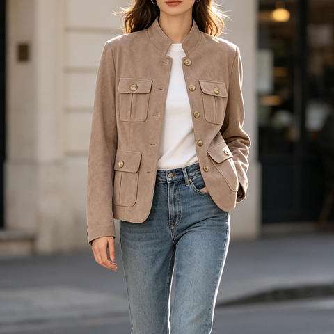 Women's genuine leather blazer - HN5186-1 Old Money Style Fitted Stand Collar Suede Goatski | Unidekuaidi