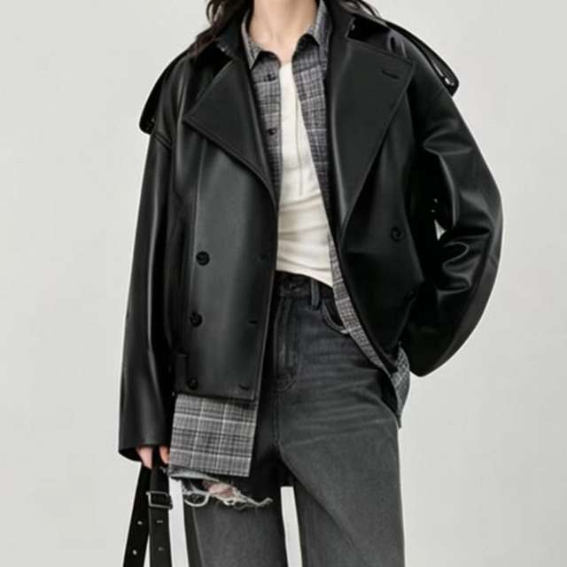 Women's genuine leather coat - Luxury Vintage Street Women's Loose Oversized Spliced Doub | Unidekuaidi
