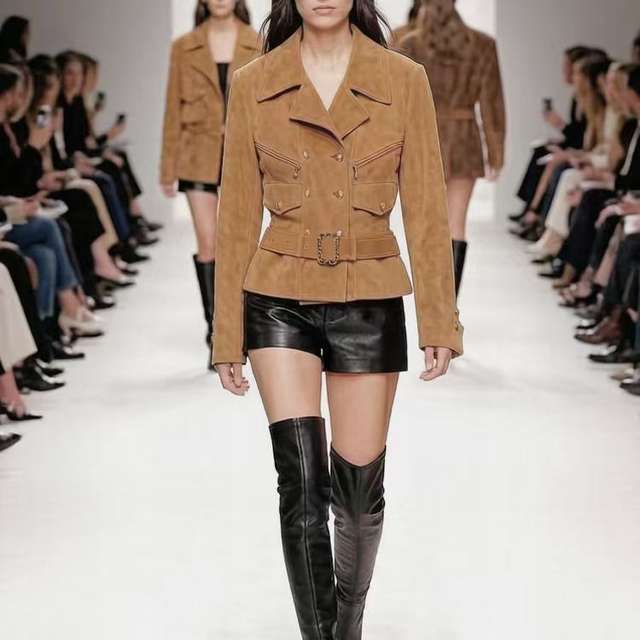 Women's genuine leather coat - Trendy Elegant Lady Waist Belt Cinched Spliced Button Crop | Unidekuaidi