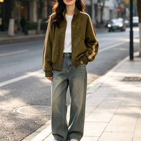 Women's genuine leather coat - HN601 Zip up American Vintage Baseball Style Sleeve Color | Unidekuaidi