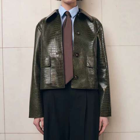 Women's genuine leather coat - Fall New Unique Design Croc Slim Fit Grain Sheepskin Lapel | Unidekuaidi
