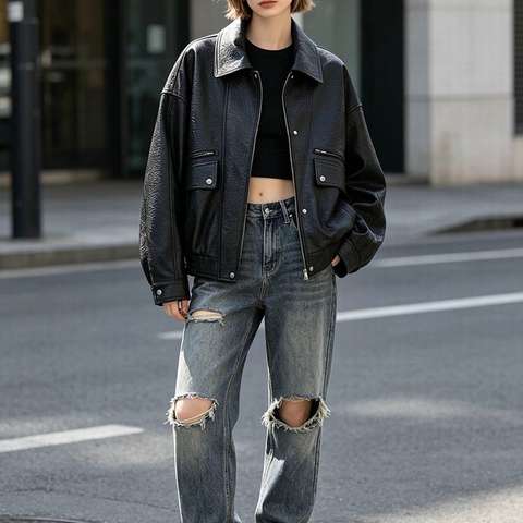 Women's genuine leather coat - HN6102-1 European American Biker Style Oversized Silhouett | Unidekuaidi