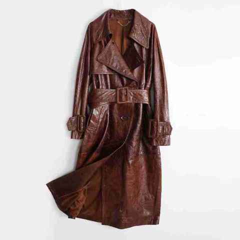 Women's genuine leather coat - New Design Classic Vintage Double Breasted Lapel Long Real | Unidekuaidi