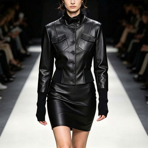 Women's genuine leather coat - HN6147 Women's Black Vintage Slim-Fit Design with Ribbed C | Unidekuaidi