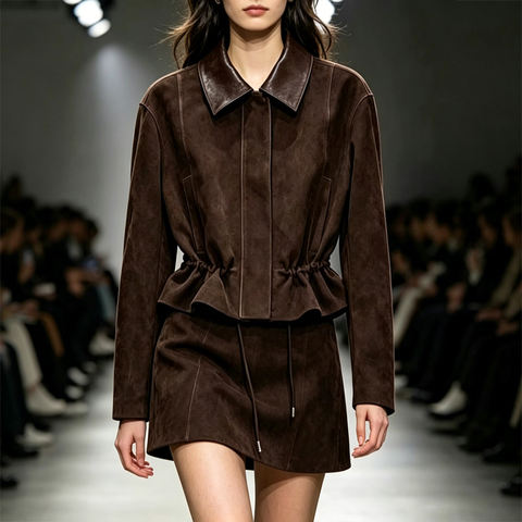 Women's genuine leather coat - HN6148 Women's Coffee Brown Suede Sheepskin Jacket Turn-do | Unidekuaidi
