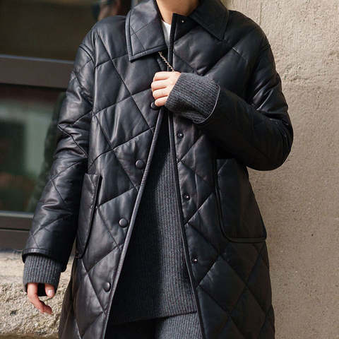 Women's genuine leather coat - New Arrivals Elegant Black Sheepskin Lapel Rhombus Single | Unidekuaidi