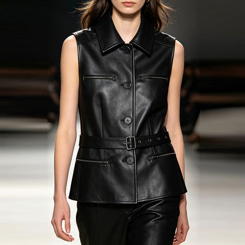 Women's genuine leather coat - HN4276 2026 Summer Biker Style Waistcoat with Belt Zip Det | Unidekuaidi
