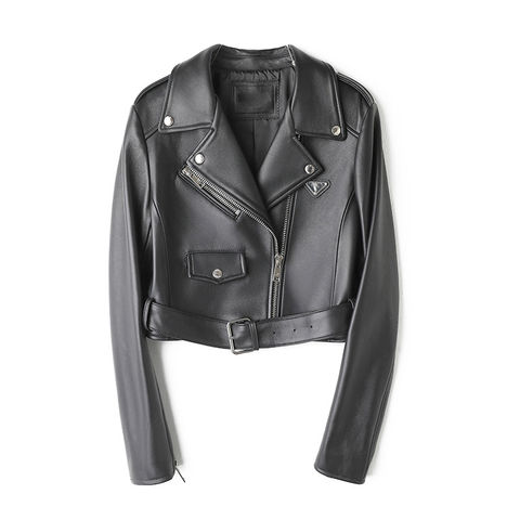Women's genuine leather coat - Fashion Turn Down Collar Zipper Long Sleeves Short Style N | Unidekuaidi