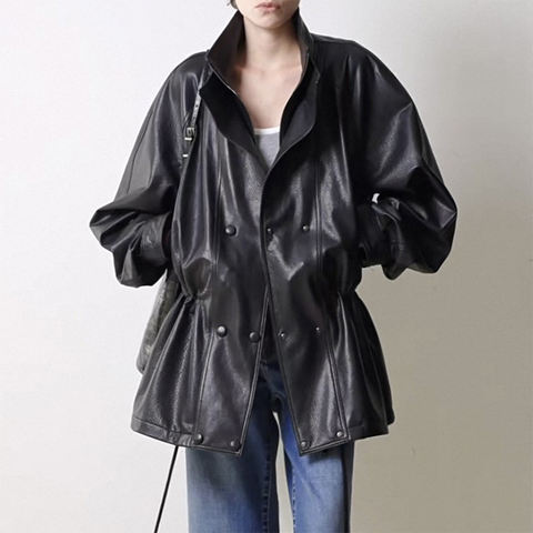 Women's genuine leather coat - New Black Vintage Waxed Sheepskin Casual Double-breasted Z | Unidekuaidi