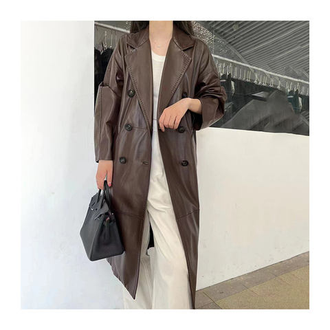 Women's genuine leather coat - Factory Price Long Sleeves Double Breasted Long Black Real | Unidekuaidi