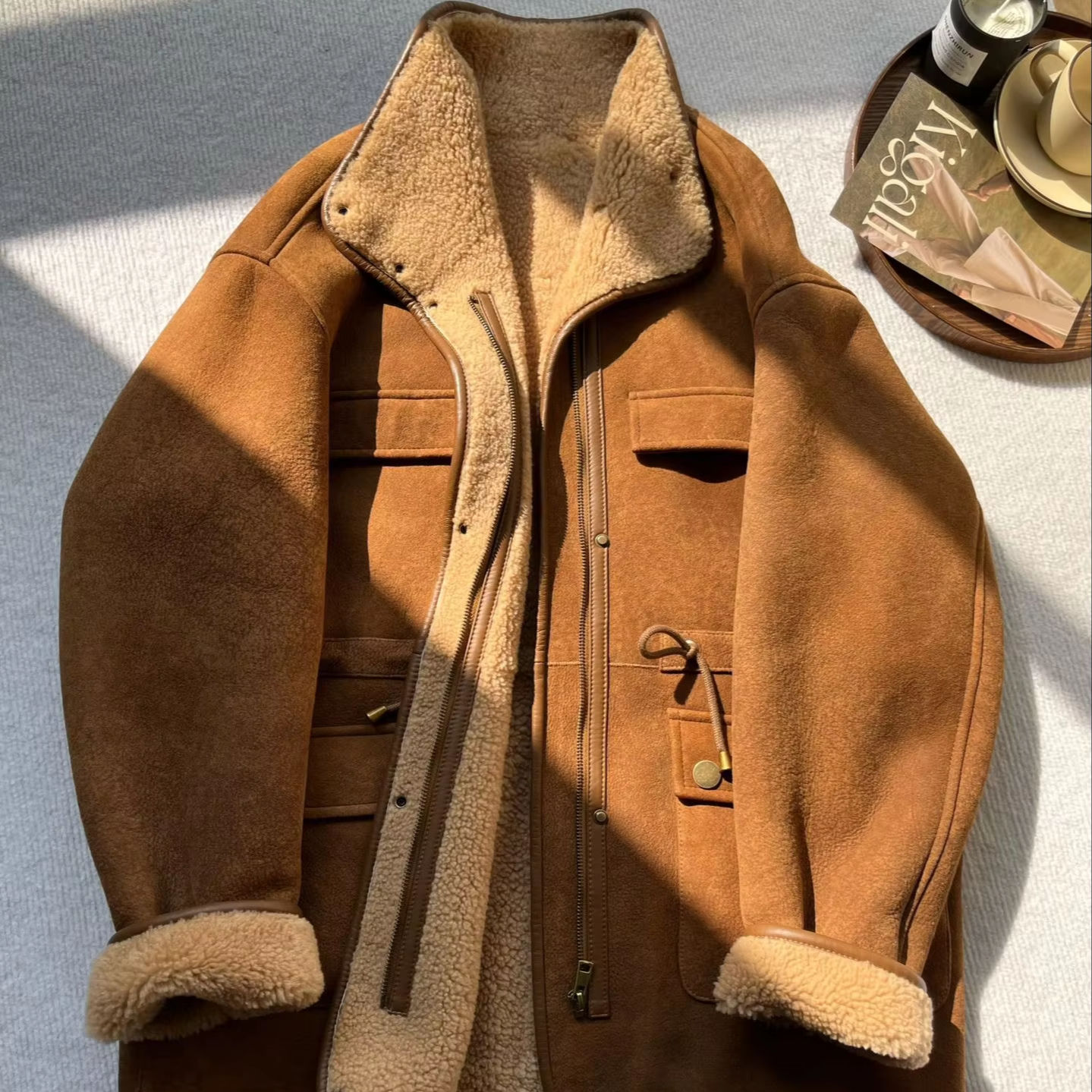 Women's genuine leather coat - New Design Vintage Real Fur Leather Jacket Lamb Suede Wool | Unidekuaidi