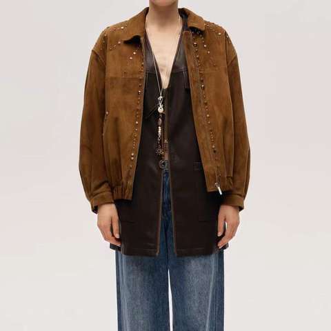 Women's genuine leather coat - Autumn Winter Women's Lapel Suede Sheepskin Coat Loose Riv | Unidekuaidi