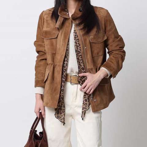 Women's genuine leather coat - Autumn Winter Women's Stand Collar Suede Goatskin Coat Mid | Unidekuaidi