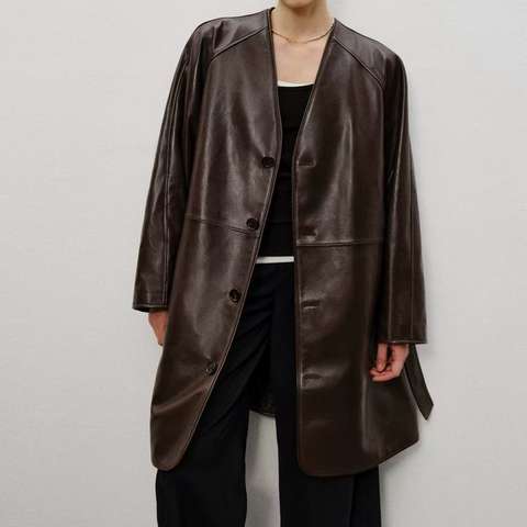 Women's genuine leather coat - Autumn Winter Women's V-Neck Semi-Tanned Sheepskin Trench | Unidekuaidi