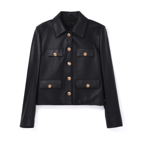 Women's genuine leather coat - Casual Versatile Black Sheepskin Lapel Long-sleeved Leathe | Unidekuaidi