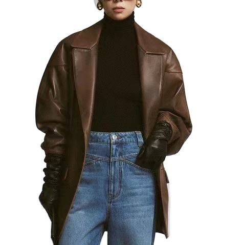 Women's genuine leather coat - New Trendy Women's Long Leather Coat Long Sleeves Pocket S | Unidekuaidi