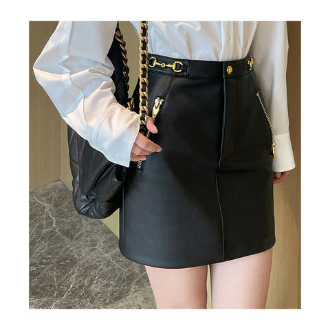 Women's genuine leather coat - Street Style High Waist Golden Coating Decoration Genuine | Unidekuaidi