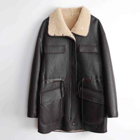 Women's genuine leather coat - Winter Fall Stylish Long Sleeves Pocket Loose Windproof Wa | Unidekuaidi