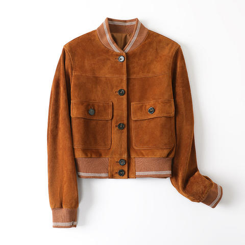 Women's genuine leather coat - Women's Gold Brown Suede Sheepskin Leather Jacket Collarle | Unidekuaidi