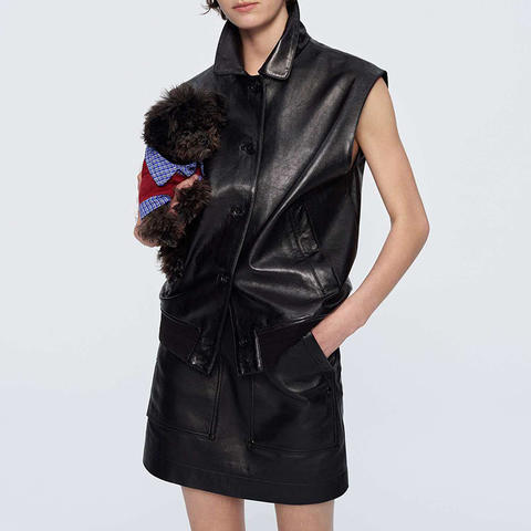 Women's genuine leather coat - HN6164 Women's Black Oil-Waxed Sheepskin Leather Vest Turn | Unidekuaidi