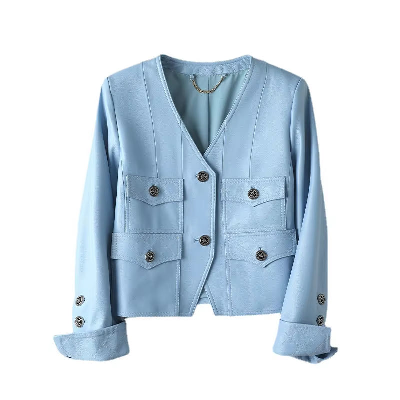 Women's genuine leather coat - Fashion Short Leather Coat Single Breasted V Neck Both Sid | Unidekuaidi