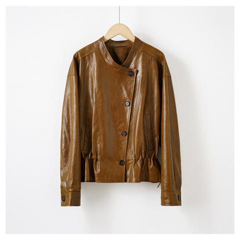 Women's genuine leather coat - Autumn and Winter Cold Jade Oil Wax Leather Drawstring Wai | Unidekuaidi