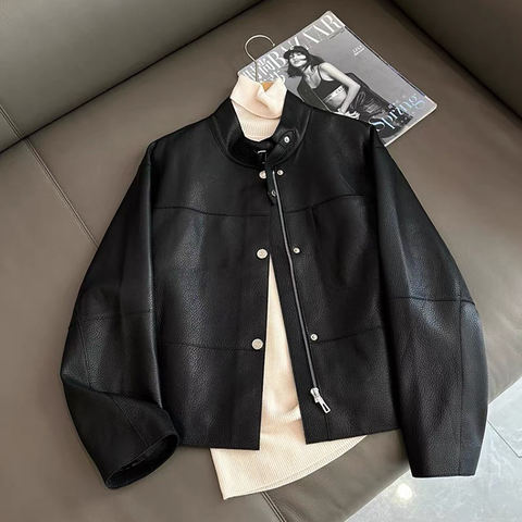 Women's genuine leather coat - Hot Selling Simple Style Casual Stand up Collar Short Shee | Unidekuaidi