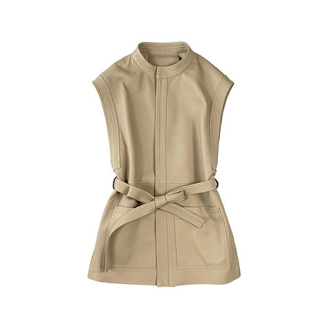 Women's genuine leather coat - Fashion Simple Belt Sleeveless Sheepskin Vest Medium Long | Unidekuaidi
