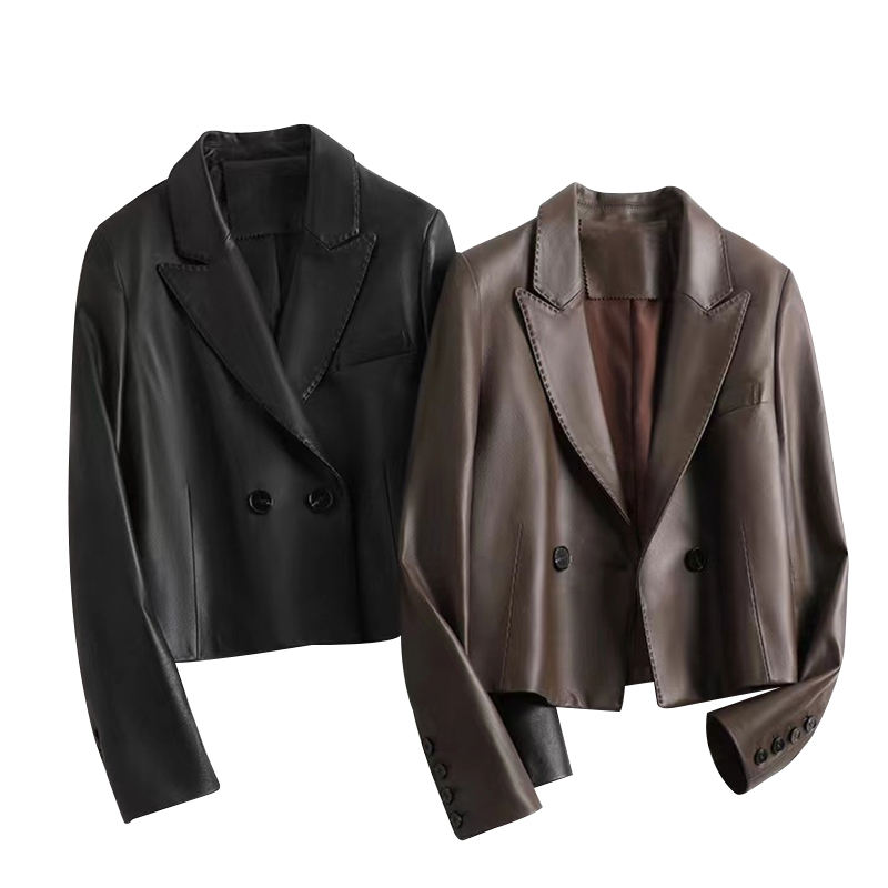 Women's genuine leather coat - Classic and Elegant Design Suit Lapel Pocket Genuine Leath | Unidekuaidi