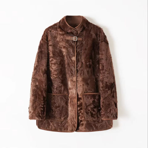Women's genuine leather coat - Winter Coat Brown Luxury Real Fur Coat Stand Collar Lake W | Unidekuaidi