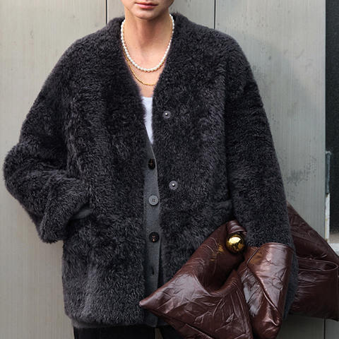 Women's genuine leather coat - Korean Style Fashion V-neck Single Breasted Leisure Natura | Unidekuaidi