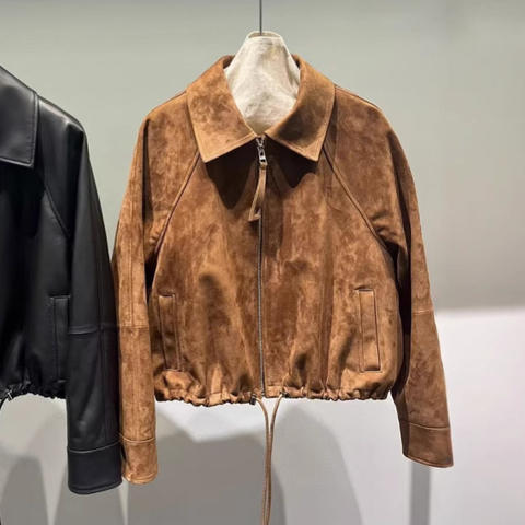 Women's genuine leather coat - New Arrival High End Suede Leather Cropped Coat Genuine Sh | Unidekuaidi