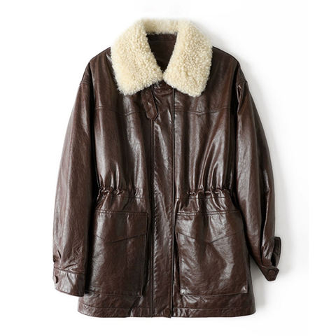 Women's genuine leather coat - Oil-waxed Sheepskin Detachable Lamb Fur Collar 90 Goose Do | Unidekuaidi