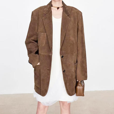 Women's genuine leather coat - New Fashionable Middle Long Single Breasted Pocket Loose S | Unidekuaidi