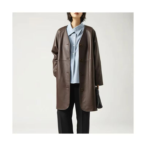 Women's genuine leather coat - Real Leather Trench Coat Brown Long Sleeves V Neck Single | Unidekuaidi