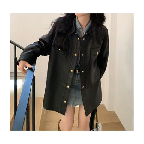 Women's genuine leather coat - Autumn Spring New Design Long Sleeves Pocket Covered Butto | Unidekuaidi