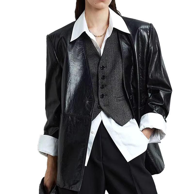 Women's genuine leather coat - Custom Leather Suit Coat Solid Color Long Sleeves V Neck G | Unidekuaidi
