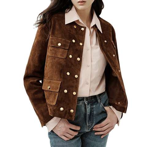 Women's genuine leather coat - Women Fashionable Double Breasted Genuine Cowskin Suede Le | Unidekuaidi