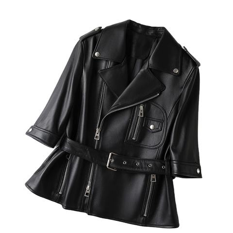 Women's genuine leather coat - New Trendy Popular Turn Down Collar Zipper Black Women Gen | Unidekuaidi