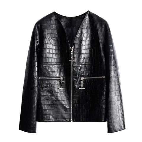 Women's genuine leather coat - Fashion Personality Design V Neck Zipper Black Crocodile G | Unidekuaidi