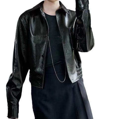 Women's genuine leather coat - Custom Leather Jacket Single Breasted Long Sleeves Solid C | Unidekuaidi