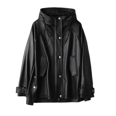 Women's genuine leather coat - Leather Winder Coat Medium Length Hooded Luxury Loose Real | Unidekuaidi