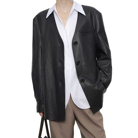 Women's genuine leather coat - Custom Simple Design Black Single Breasted V Neck Slim Wom | Unidekuaidi