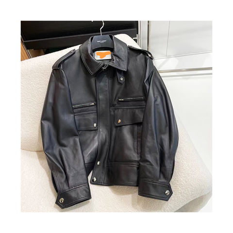 Women's genuine leather coat - Black Long Sleeves Pocket Women's Genuine Leather Coats Ja | Unidekuaidi