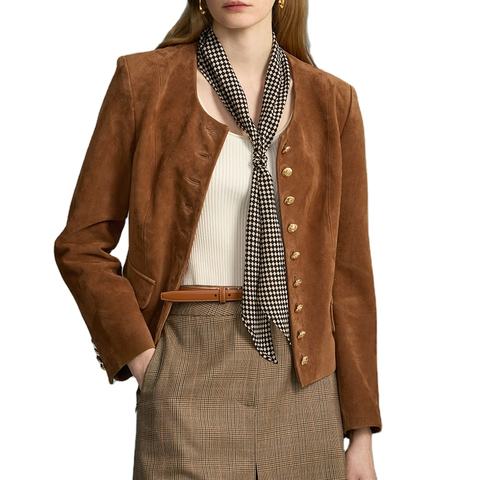 Women's genuine leather coat - Neck Single Breasted Long Sleeves Genuine Sheep Suede Leat | Unidekuaidi
