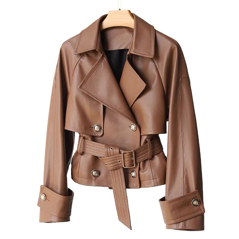 Women's genuine leather coat - Spring Fall Elegant Leather Jacket New Design Brown Double | Unidekuaidi