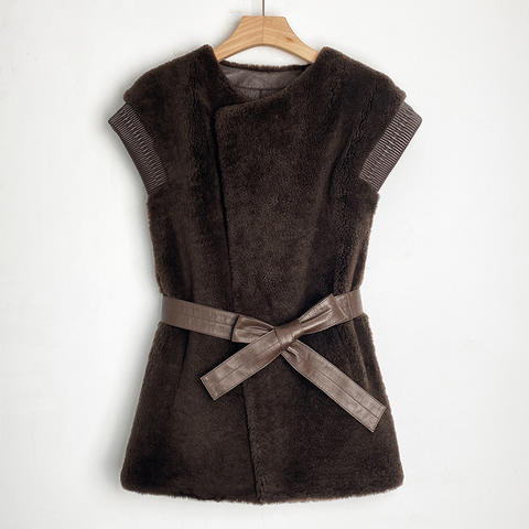 Women's genuine leather coat - Fashion Sleeveless Waistcoat Lace-up Medium Length Style L | Unidekuaidi