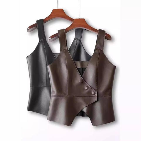 Women's genuine leather coat - Wholesale Ladies Elegant Leather Waistcoat Solid Color Sin | Unidekuaidi