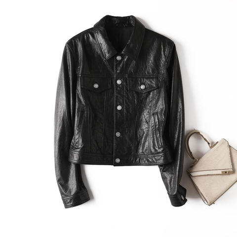Women's genuine leather coat - Latest Design Solid Color Ladies Pocket Casual Short Slim | Unidekuaidi