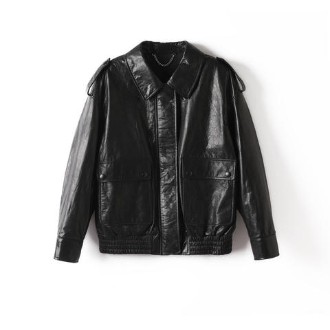 Women's genuine leather coat - Custom Cowhide Leather Coat Long Sleeves Solid Color Loose | Unidekuaidi